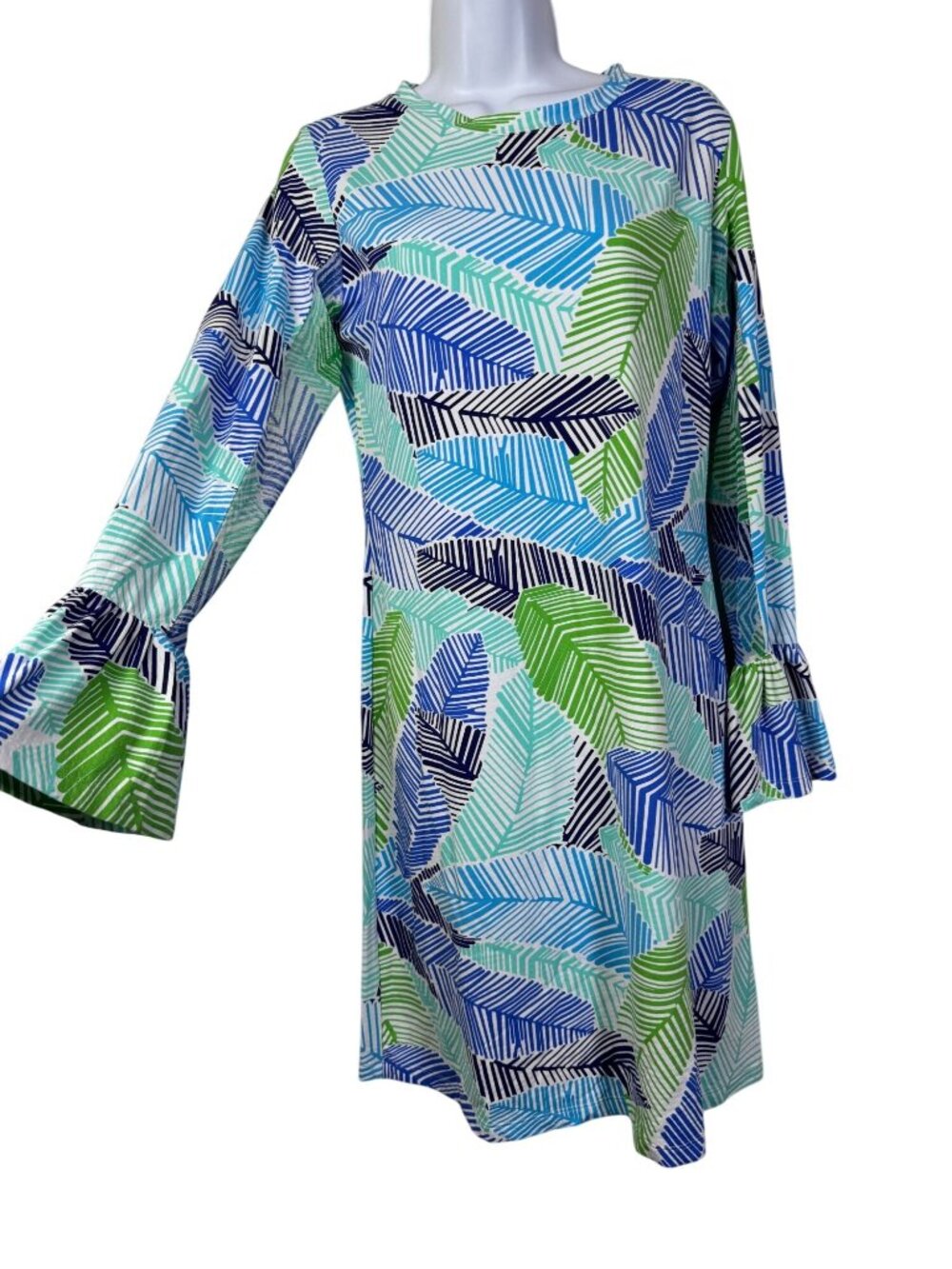 IBKUL Womens Marley Bell Long Sleeve Leaf Print Boho Dress Blue Green size Small